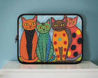 Colorful Cat Art Laptop Sleeve: Fun Neoprene MacBook Case