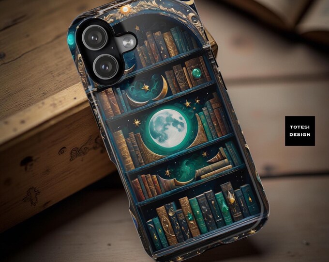 Magical Bookshelf iPhone Case: Dark Academia Celestial Design, MagSafe Compatible