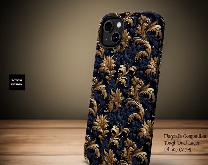 Chic Gold Baroque Dark Floral aesthetic iPhone Tough Case 13 14 15 Pro Max Plus Mini | glossy or matte | magnetic impact resistant sturdy
