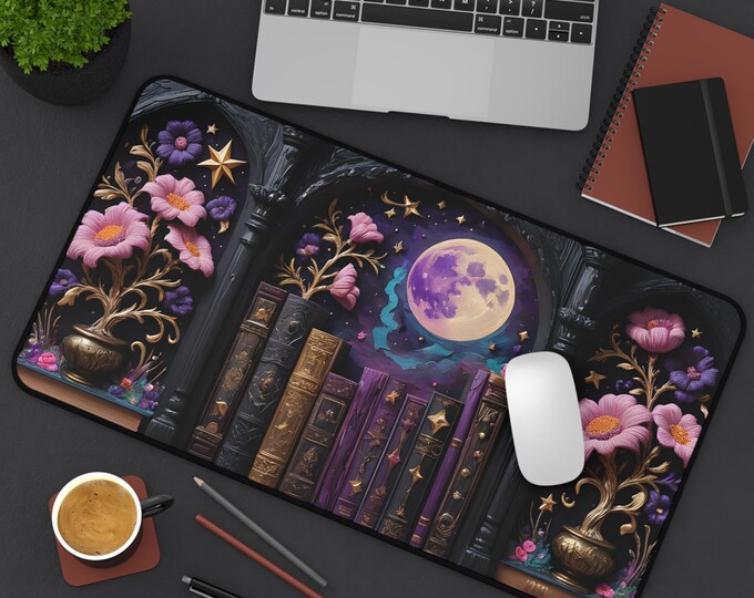 Celestial Bookshelf Desk Mat | Aesthetic Home Office Decor, Gamer Accessory, Gift for Book Lovers, Moon Decor, Astronomy Lover