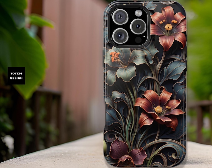 Dark Floral Nature Botanical Unique iPhone case - MagSafe compatible tough case- 13 14 15 16 Pro Max Plus Mini| Matte Glossy
