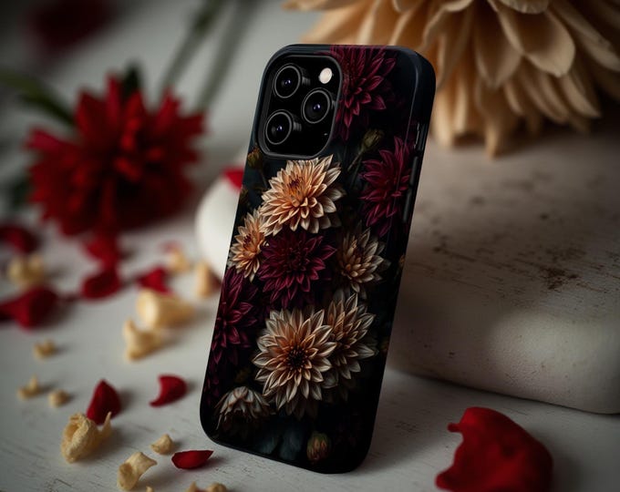 Moody Dahlia MagSafe iPhone Case, Dark Floral Gothic Art