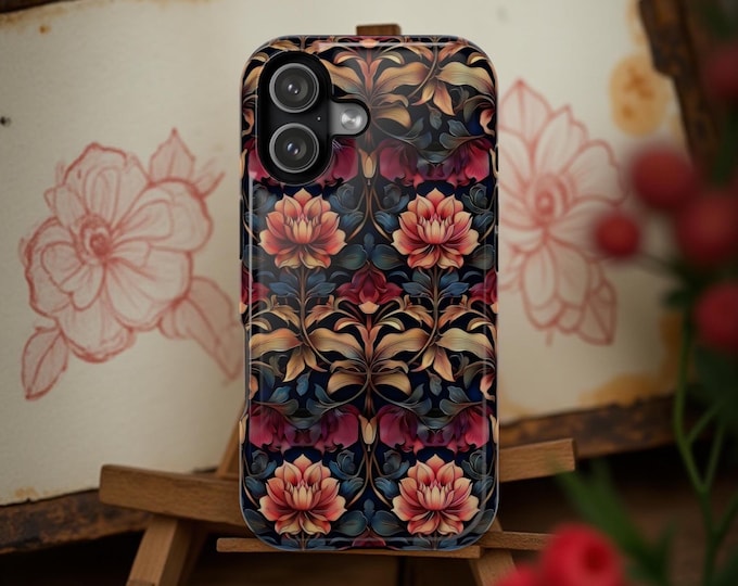 Phone Case, Botanical Vintage Art Deco Floral Design, MagSafe Tough Cover, Impact-Resistant
