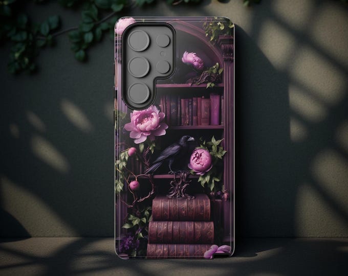 Goth dark academia books floral purple ravens Samsung Galaxy iPhone phone cases  | sturdy dual layer S25  S24 S23 Glossy matte