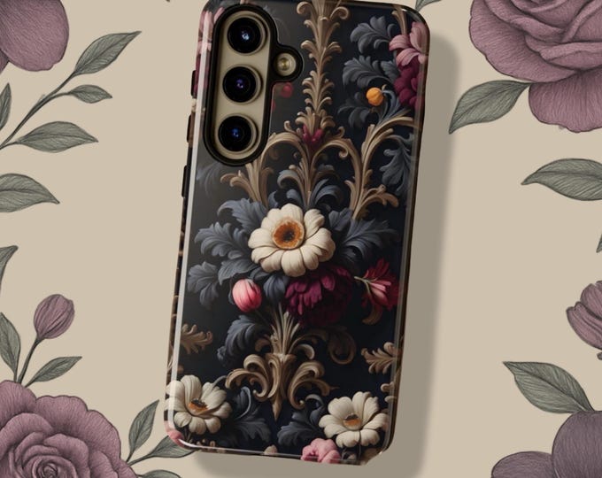 Dark Floral Rococo Tough Phone Case: Samsung S25 S24  iPhone 17 16 15 Pro