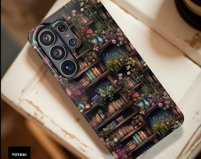 Magnetic Floral Bookshelf Phone Case: Dark Academia Tough Case, Magsafe Compatible