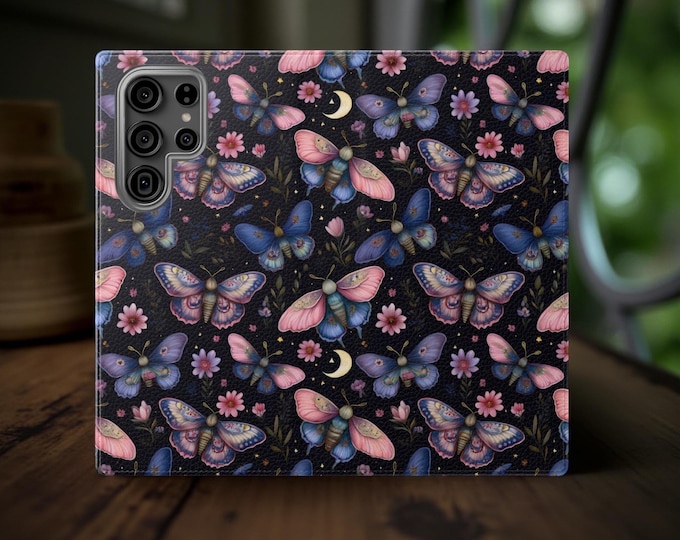 Floral Moth Faux Leather Wallet Phone Case: Boho Chic Cardholder