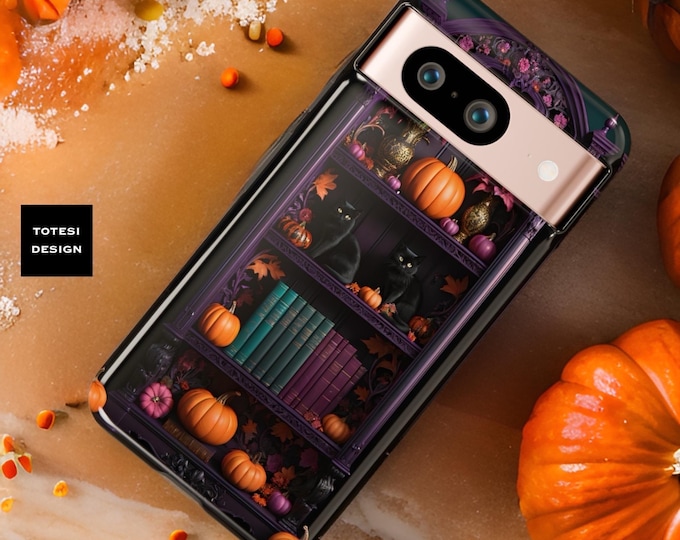 Black Cats Halloween Gothic Purple Bookcase Google Pixel Tough Phone Cases 8 7 6 5 Pro Glossy or Matte