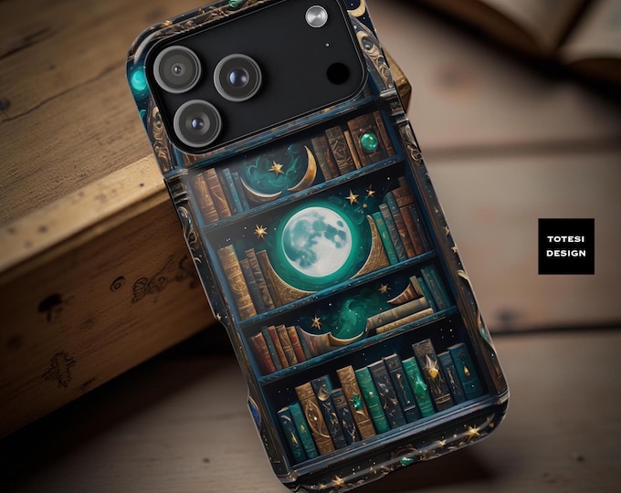 Magical Bookshelf iPhone Case: Dark Academia Celestial Design, MagSafe Compatible