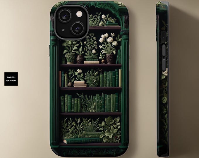 Book Lover Magnetic Tough Case, Cute Books Flowers Green iPhone Cover, Whimsical Bookshelf Design, for 16 15 14 13 Pro Max Plus Mini,