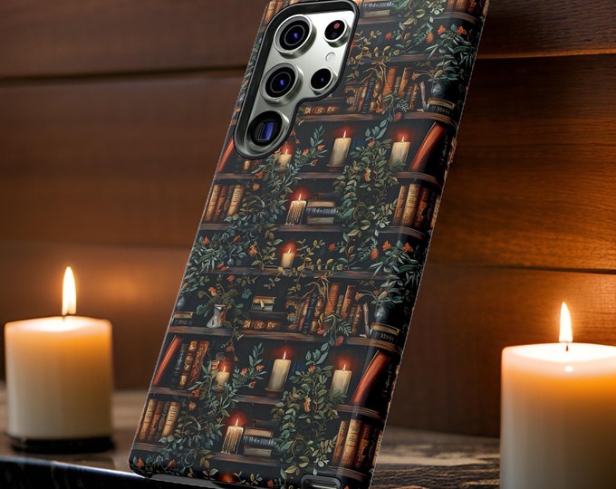 Dark academia books candles leaves phone cases iPhone Samsung Galaxy S24 S23 S22 S21 Plus 15 14 13 12 11 Pro Max Plus  tough cases