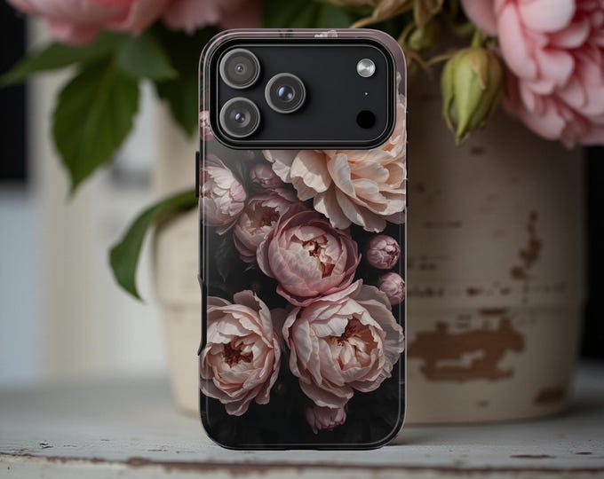 Peony Floral Phone Case: Chic Moody Design, Dual Layer