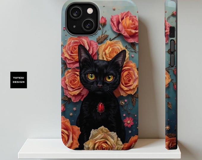 Flower Cat MagSafe iPhone Cases, Cute Vintage turquoise Floral Roses Celestial iPhone Cover, whimsy goth cute cat lady gifts