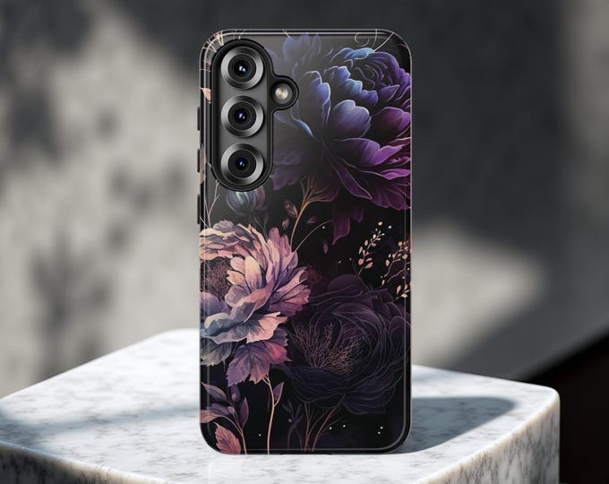 Dark Purple Floral Gothic Academia Tough Phone case, iPhone 16-11, Samsung Galaxy S25  S24 S23 S22 S21 plus ultra | Glossy or Matte