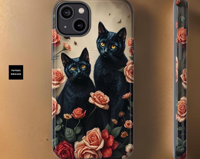 Vintage Black Cat Floral Tough Phone Case, Dark Academia iPhone Case, Retro Floral Samsung Galaxy Case, Gothic Cat Lover Phone Cover, Edgy