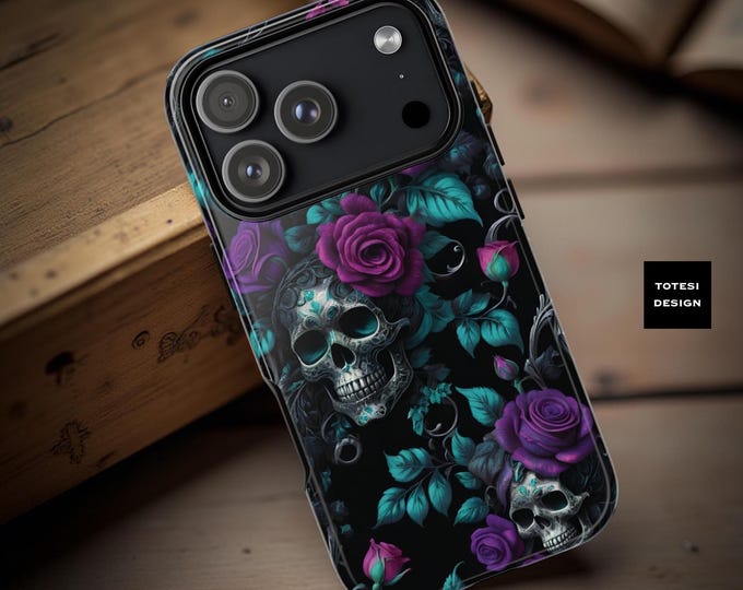 Gothic Roses Skulls iPhone Case: Black Purple Floral Tough Phone Cover