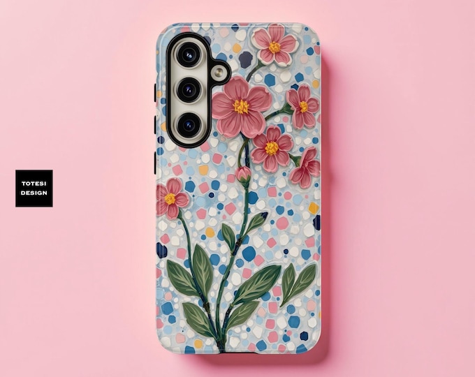 Phone Case, Floral Mosaic Art Tough Case for Samsung S25 S24 S23, iPhone 16 15 14 13 12 Pro Max Plus, Gift for Her, Flower Design,