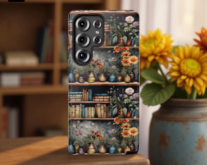 Bookish Samsung Galaxy Tough Case S25 S24 S23 S22 S21 S21 plus ultra  Floral Whimsical Cute Books Bookshelf  Glossy or Matte