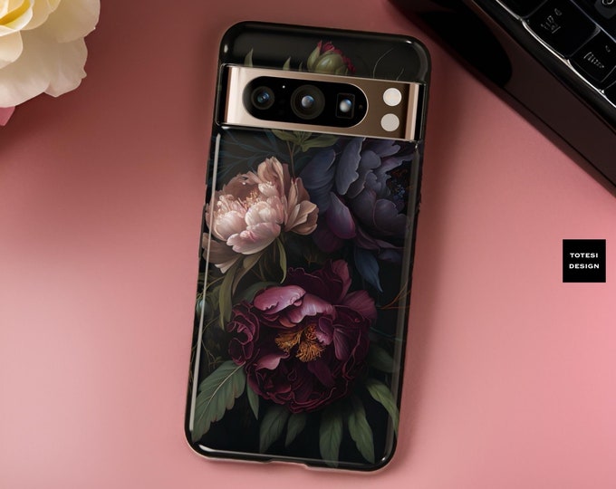 Dark Floral Academia, Google Pixel tough phone cases 8 7 6 5 Pro| ornamental Victorian Gothic floral,Glossy or Matte