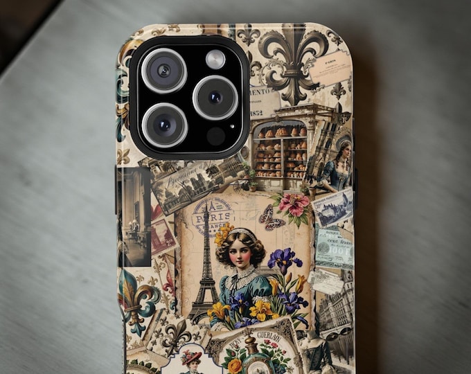 Vintage Paris Junk Journal Magnetic Tough Case for iPhone 16 15 14 13 Pro Max Plus, Glossy or Matte, Traveler Gift, France