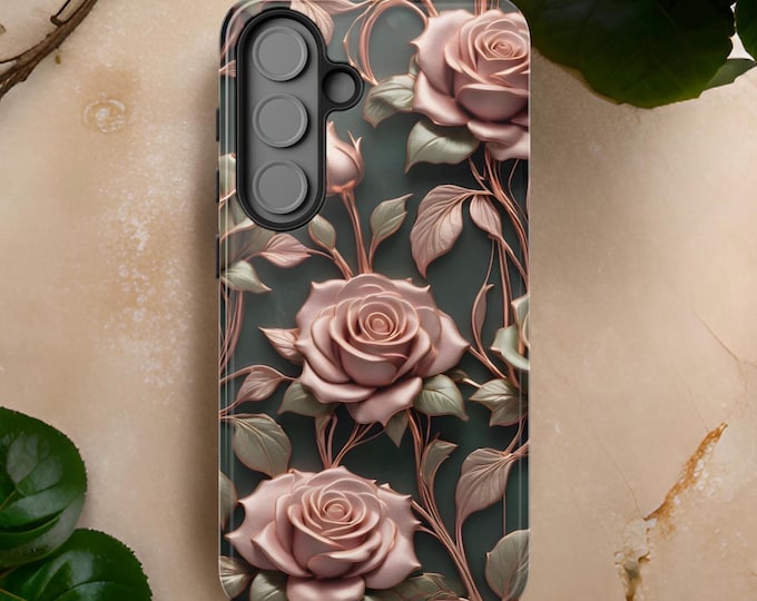 Chic Art Nouveau rose gold green Roses Aesthetic| Samsung Galaxy Tough Cell Phone Case S25 S24 S23 S22 Plus Ultra| iPhone 16 15 14 13 Pro