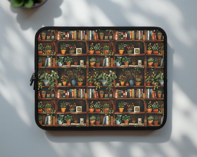 Plants Bookshelf aesthetic laptop sleeve Tablet Mac iPad Kindle Laptop Padded, Back to School, 7 10 13 15 17 inch, book lover student gift