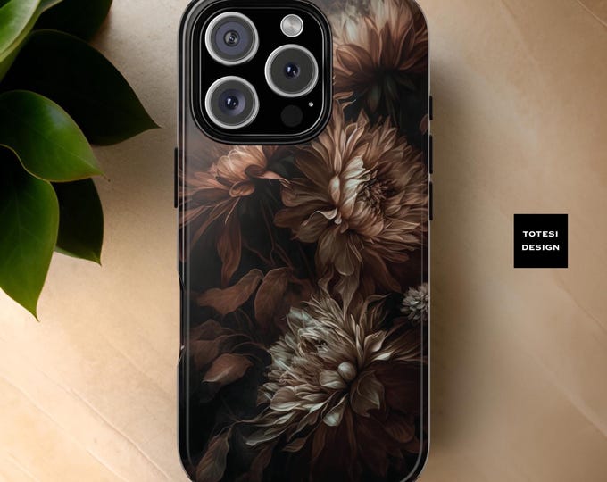 Brown floral Samsung iPhone tough cases S25 S24 S23 S22 S21 Plus Ultra , 16 15 14 13 12 Pro Max Plus Glossy or Matte