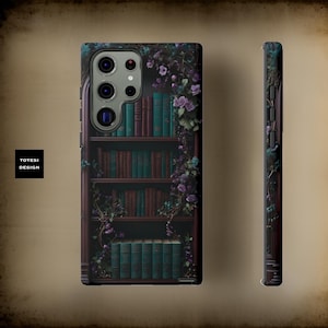Dark Academia Library Bookcase Books Floral Bookshelf Samsung Galaxy tough phone case S24 S23 S23 S21 iPhone cases Glossy or Matte