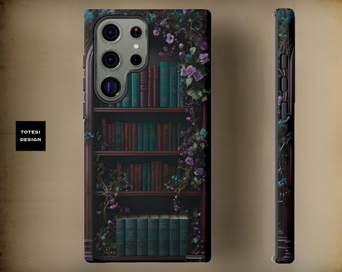 Dark Academia Library Bookcase Books Floral Bookshelf Samsung Galaxy tough phone case S24 S23 S23 S21 iPhone cases Glossy or Matte