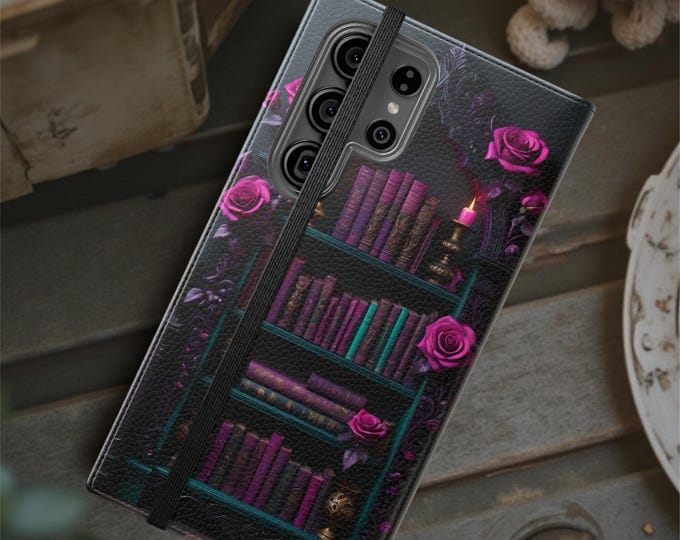 Gothic Floral Flip Cases, Bookworm Reader Gifts, Phone Cover Case, Samsung Galaxy iPhone, S25-S21, 16-11