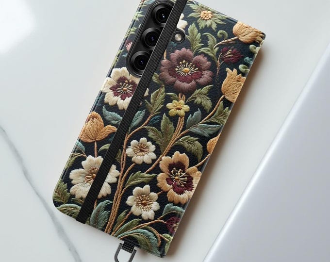 Bohemian vintage floral artsy Folio Wallet iPhone Case, Stylish Unique Chic Gift for Her, Dark Moody Floral Phone Cover, Flip Stand Cases