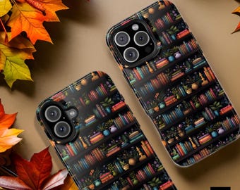 Bookish Cute Magnetic iPhone Case, Dark Bookshelf Design, MagSafe Compatible, Dual Layer Protection | Book Worm Gift, iPhone 16, 15, 14, 13