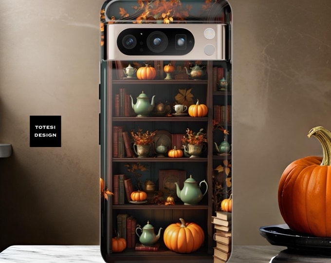 Cozy Fall Book Case Google Pixel tough cases | Google Pixel 8  7, 6 , 6  - Pumpkins Bookish Bookcase Whimsical