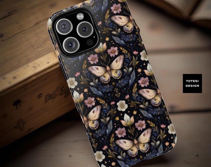 Moth Floral Dark Phone case| Samsung and iPhone tough protection| celestial midnight garden aesthetic| phone case her
