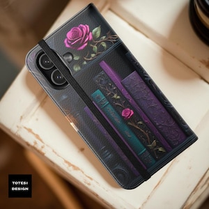 Gothic Bookshelf Raven Phone Case: Faux Leather Card Holder Stand