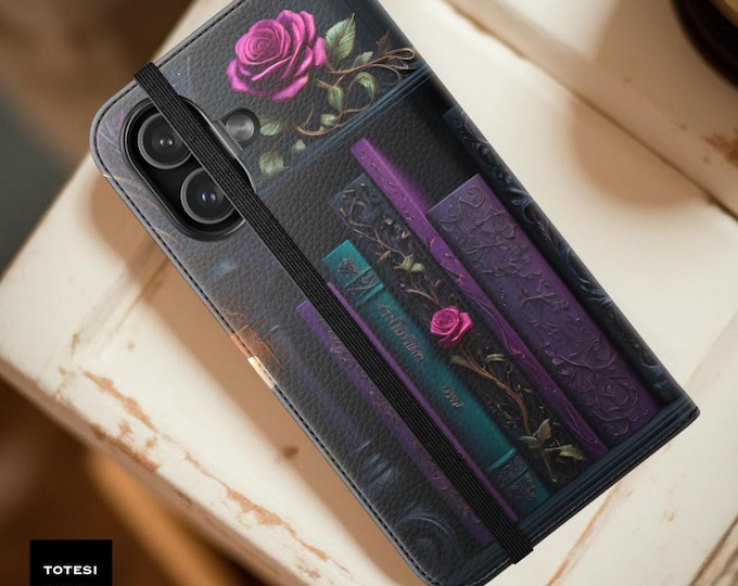 Gothic Bookshelf Raven Phone Case: Faux Leather Card Holder Stand