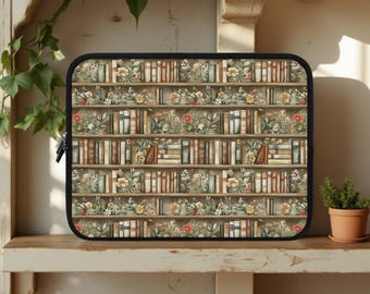 Boho Bookshelf Floral MacBook iPad kindle Sleeve, Cute Computer Case for Students, Gift for Readers, Teacher Supplies, Bookish Reader Gifts
