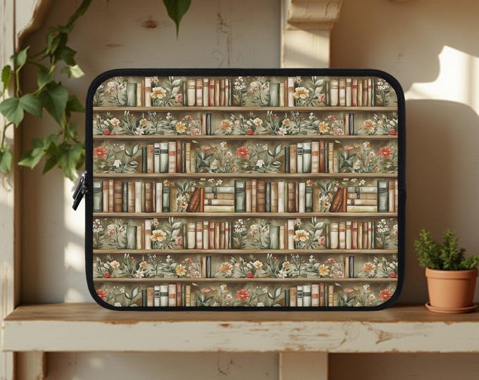 Boho Bookshelf Floral MacBook iPad kindle Sleeve, Cute Computer Case for Students, Gift for Readers, Teacher Supplies, Bookish Reader Gifts