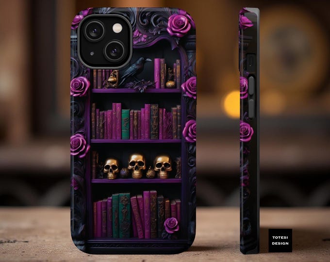 MagSafe Tough Cases, iPhone Ravens Goth Roses Bookshelf Dark Academia, Goth iPhone Case, Gothic Phone Cover, Raven Lover Gift, Dark