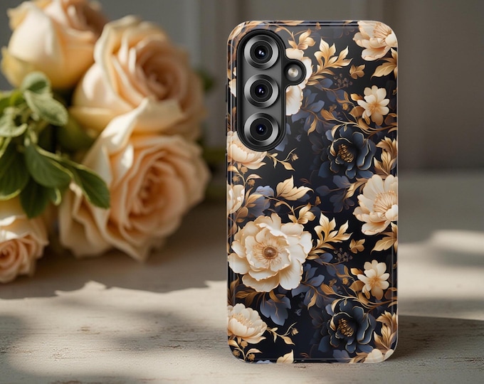Opulent dark floral black gold Samsung Galaxy S25 S24 S23 S22 S21 Plus Ultra iPhone 16 - 11 Dual Layer Premium Tough Case | Glossy or Matte