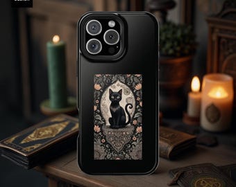 MagSafe iPhone Tough Cases, Vintage Black Gothic Cat Floral Unique Art, Dual Layer, Cat Lovers Gift, Pro Max Plus, Sturdy, 16 15 14 13