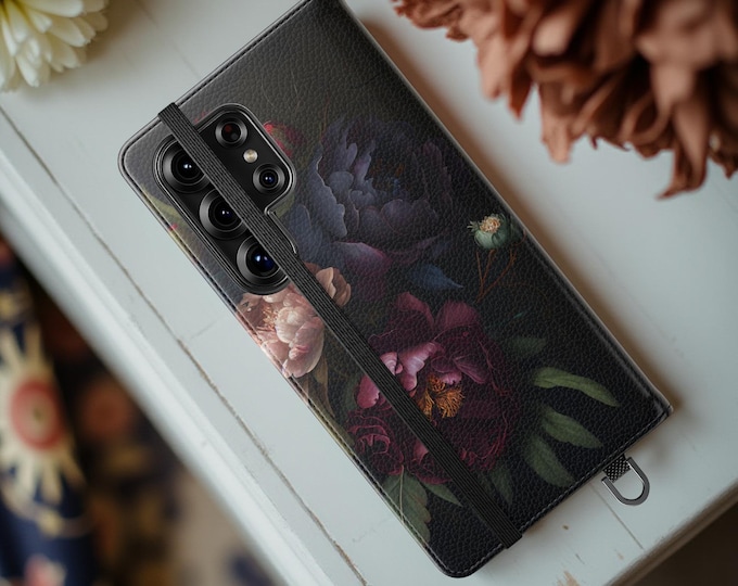 Moody dark floral Goth Wallet phone case, Dark Moody Floral Bouquet, iPhone 16 15 14 13 Pro Max Plus, S25 S24 S23 S22 Plus Ultra