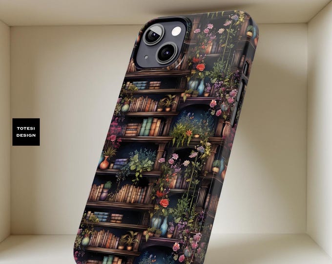 Slim iPhone case, Bookworm Vintage Bookshelf flowers Cute Phone Case, Book lover gift reader accessories, bookcase bookish gifts