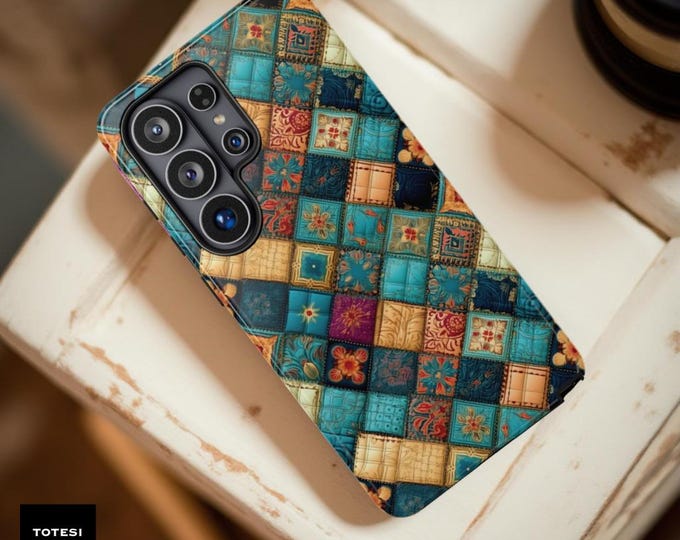 Boho Quilt Pattern Phone Case | Turquoise Slow Living Style, Samsung S26U, iPhone 17
