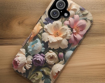 Phone Case, Chic Flower Art, iPhone 16 15 14 13 Pro Max Plus, Gift for Gardner Mom Xmas, Magnetic Tough Cases
