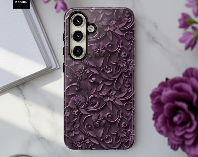 Dark Floral Purple Phone Cases for Samsung Galaxy and iPhone - Glossy Matte Finish, S25 S24 S23 S22 S21 Plus Ultra, 16 15 14