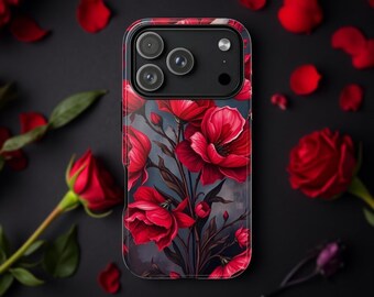 Floral Red unique art Tough Phone Case Samsung S25 S24 iPhone 17 16 15