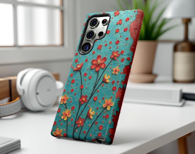Phone Case, Turquoise Floral Boho Chic Art Abstract Design, Samsung Galaxy S25 S24 S23 iPhone 16 15 14 13, Tough Case Cover, Protective