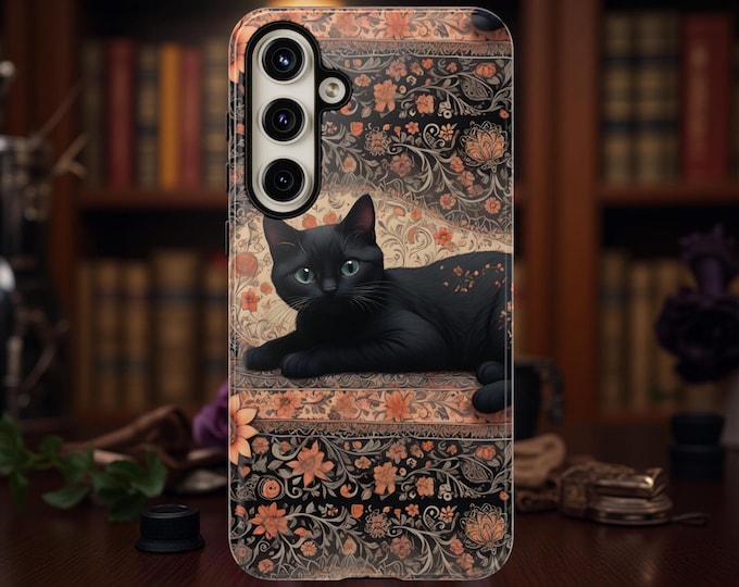 Floral Whimsy Goth black cat Tough PhoneCase - Samsung Galaxy iPhone 16 15 14 13 12 11 S25 S24 S23 S22 S21 Plus, Gift for Cat Lovers