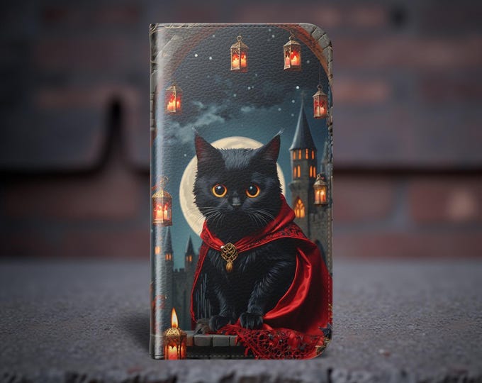 Gothic Cat Faux Leather Phone Flip Case: Galaxy S24/S25